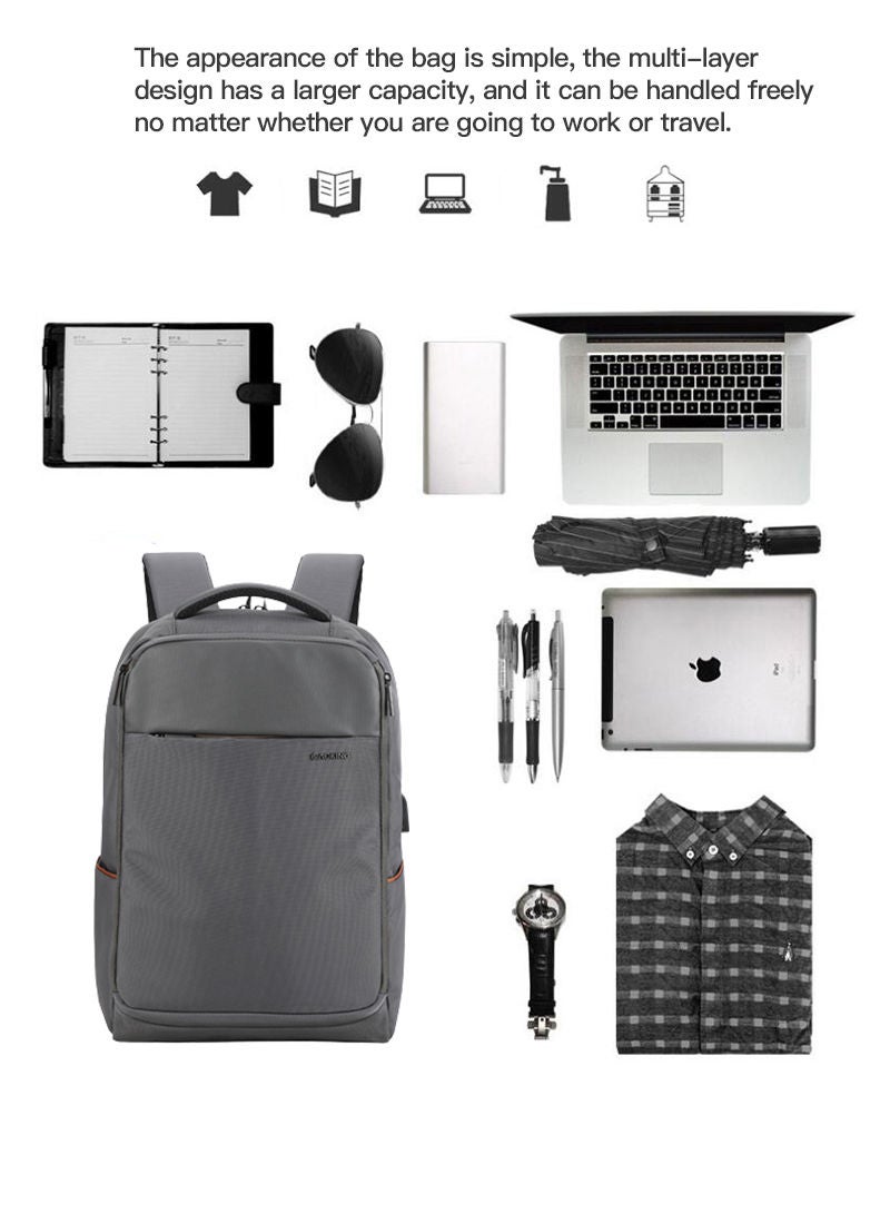 AOKING Classic Business Men's Large Capacity Waterproof Backpack for Household Travel Office Work Laptop Bag with USB Interface Grey - Image 3