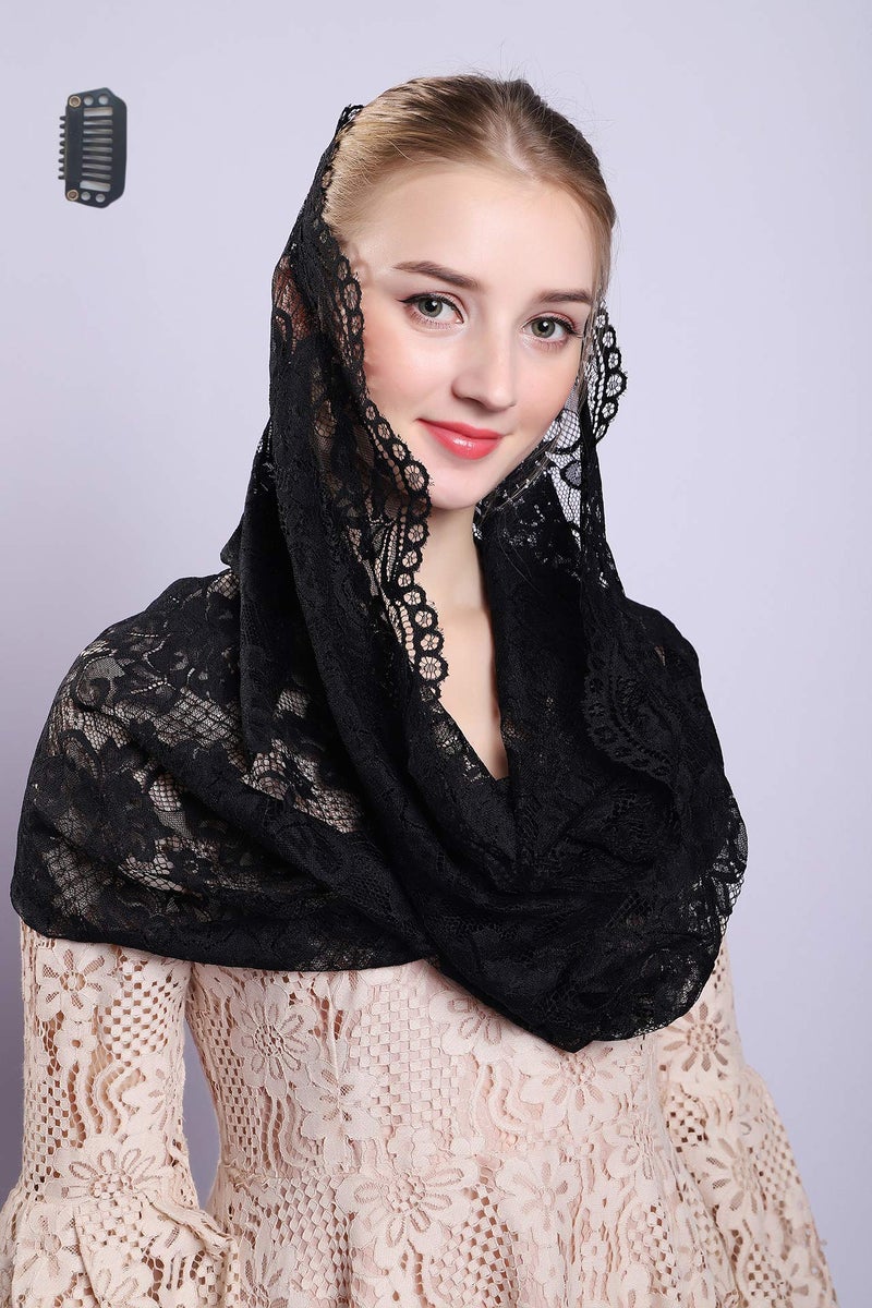 Grettytling Soft and Comfortable Mantilla Veils Spanish Style Lace Infinity Veil Mantilla Latin (Black) - Image 2