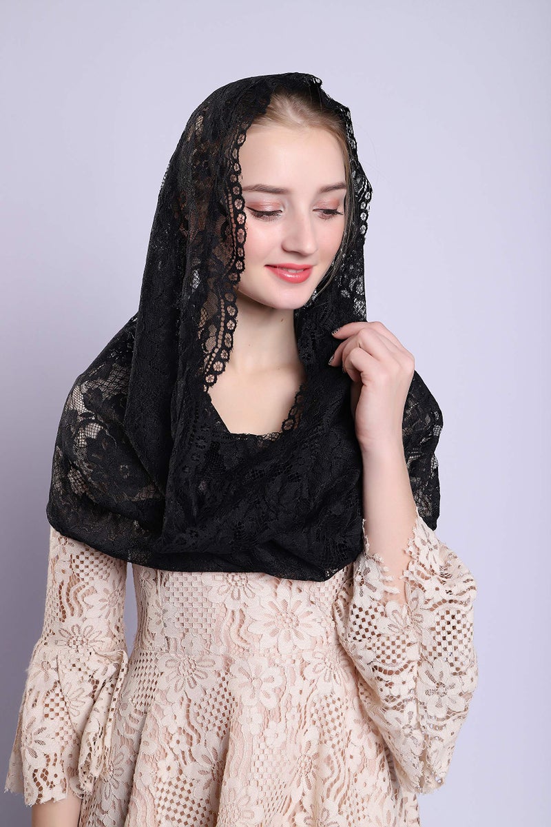 Grettytling Soft and Comfortable Mantilla Veils Spanish Style Lace Infinity Veil Mantilla Latin (Black) - Image 4