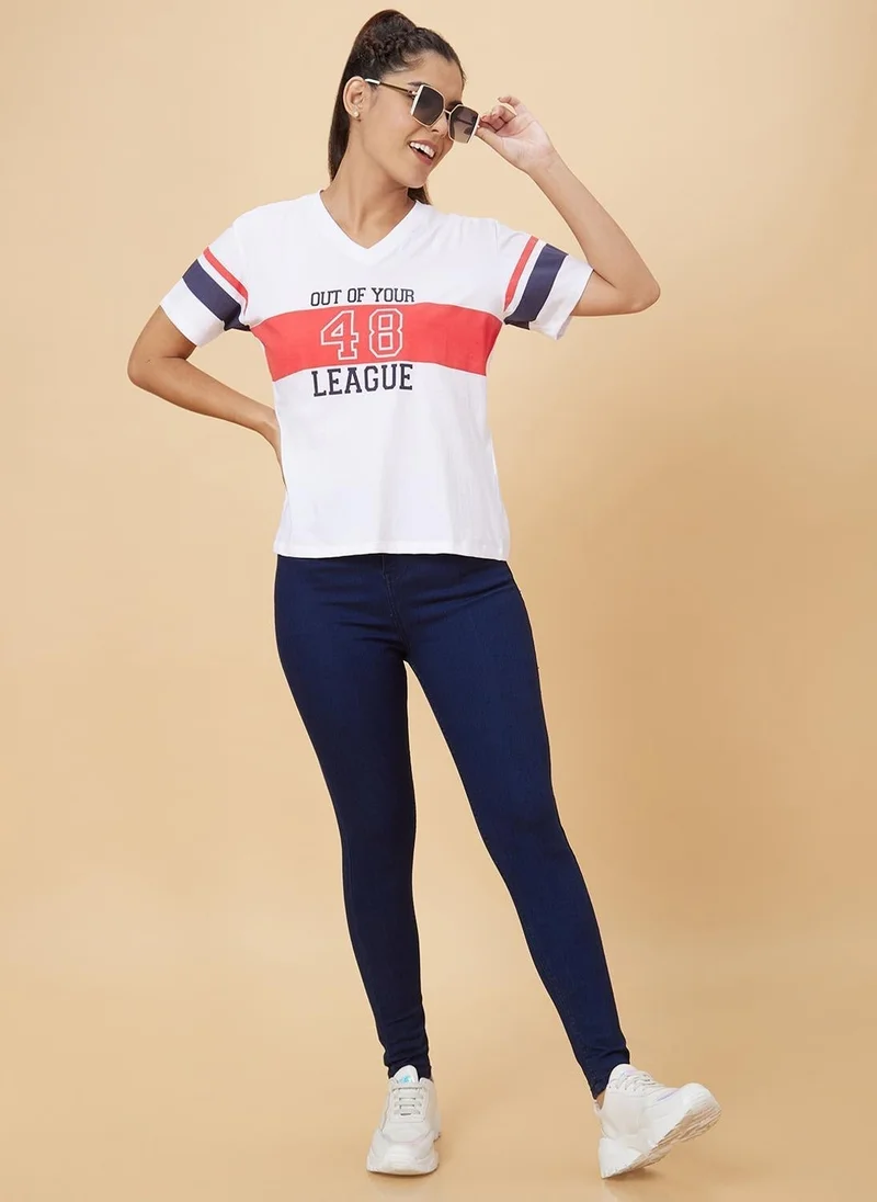 globus Globus Women White Typography Round Neck Pure Cotton T-Shirt