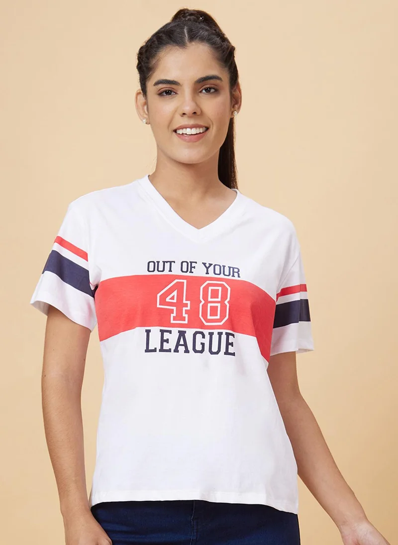 globus Globus Women White Typography Round Neck Pure Cotton T-Shirt