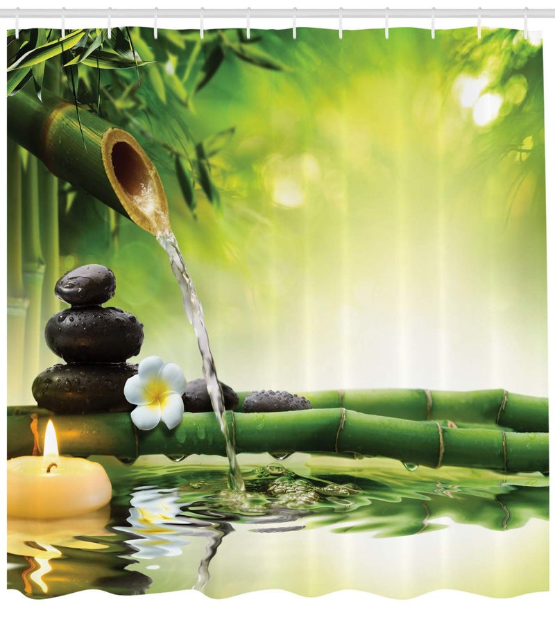 أمبيسون Ambesonne Spa Spa Surtain Surtain Atmosphere Agmphere of the Streaming Water من فرع مع حجارة قماشية القماش ديكور الحمام مع خطافات 69 "W × 84" L الأخضر الأصفر - Image 2