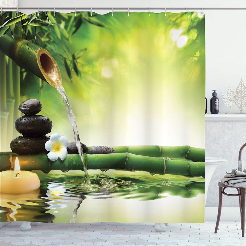 أمبيسون Ambesonne Spa Spa Surtain Surtain Atmosphere Agmphere of the Streaming Water من فرع مع حجارة قماشية القماش ديكور الحمام مع خطافات 69 "W × 84" L الأخضر الأصفر - Image 1