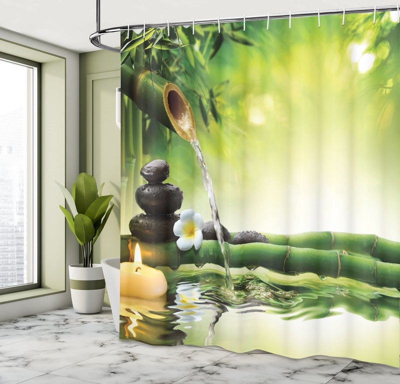 أمبيسون Ambesonne Spa Spa Surtain Surtain Atmosphere Agmphere of the Streaming Water من فرع مع حجارة قماشية القماش ديكور الحمام مع خطافات 69 "W × 84" L الأخضر الأصفر - Image 4