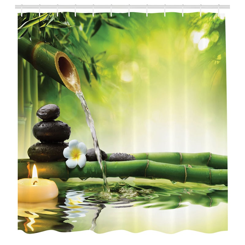 أمبيسون Ambesonne Spa Spa Surtain Surtain Atmosphere Agmphere of the Streaming Water من فرع مع حجارة قماشية القماش ديكور الحمام مع خطافات 69 "W × 84" L الأخضر الأصفر - Image 3