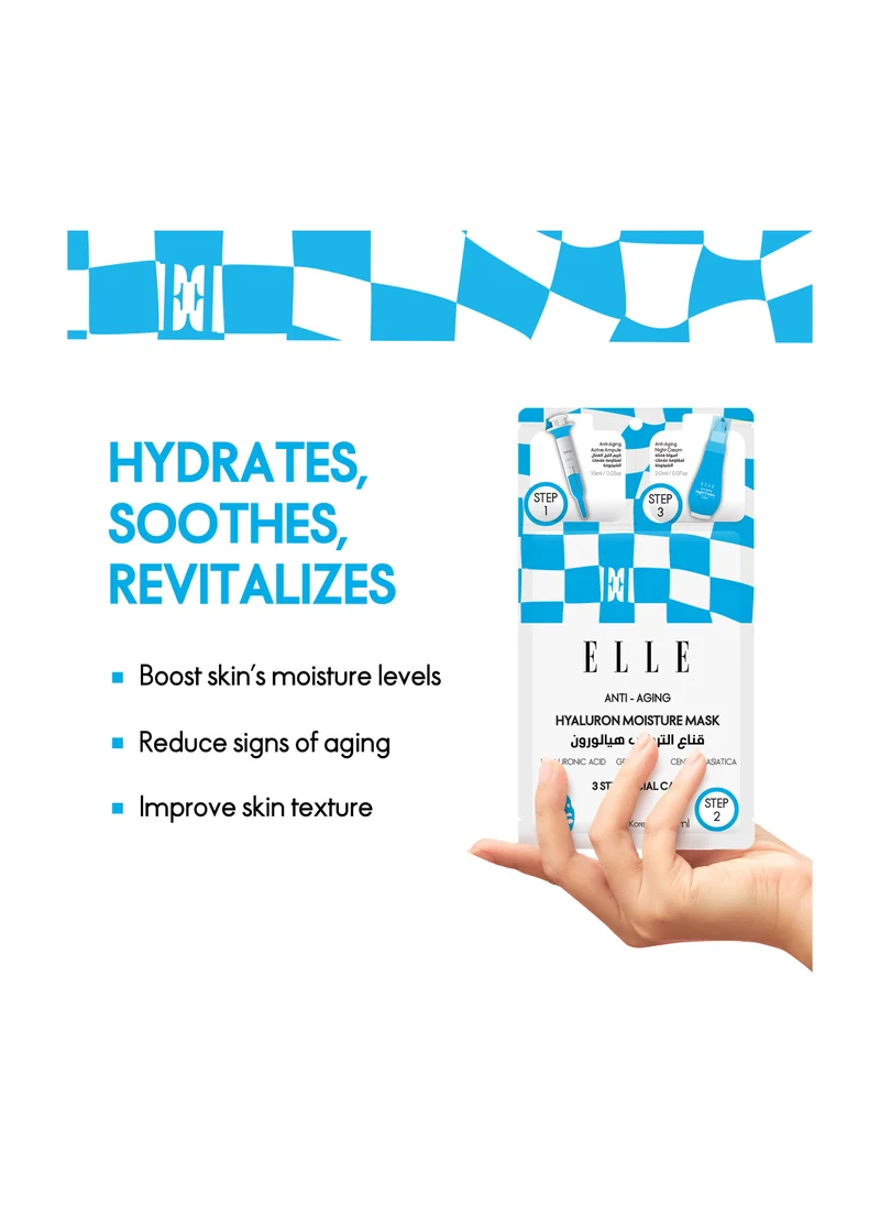 ايل ELLE Anti-Aging Hyaluron Moisture Mask 3-Step Care Kit - Hydrating Ampoule, Moisture-Boosting Mask, Night Cream - Deep Hydration, Skin Firming, Wrinkle Reduction, All Skin Types,  Pack of 4