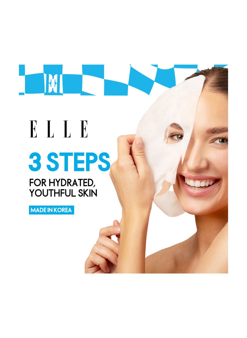 ELLE ELLE Anti-Aging Hyaluron Moisture Mask 3-Step Care Kit - Hydrating Ampoule, Moisture-Boosting Mask, Night Cream - Deep Hydration, Skin Firming, Wrinkle Reduction, All Skin Types,  Pack of 4  - Image 1
