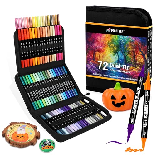 Pagather 72 Colors Acrylic Paint Markers, Dual Tip with Fine Tip and Brush Tip Pens for Stone, Wood, Calligraphy, Canvas, Ceramic, Metal, Glass, Rock Painting, DIY Crafts Art Supplies Kit - Image 1