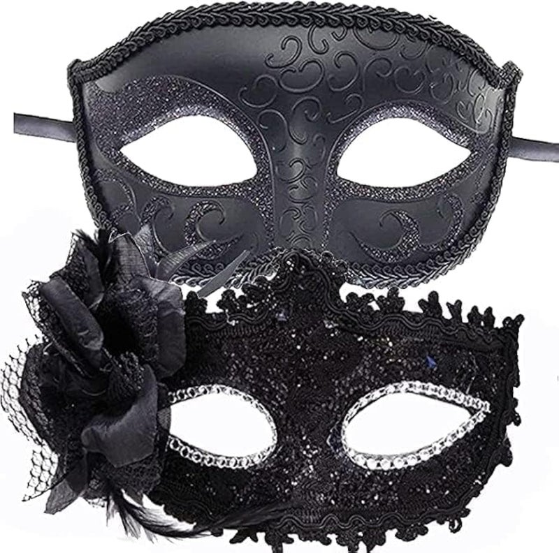 ChicAbode Black Masquerade Mask, Venetian Masquerade Mask Set, Lace Mask and Painted Pattern Half Face Dress Up Mask, Party Costume Accessories, Retro Halloween Mask, Phantom of the Opera, Couple Mask Carnival - Image 1
