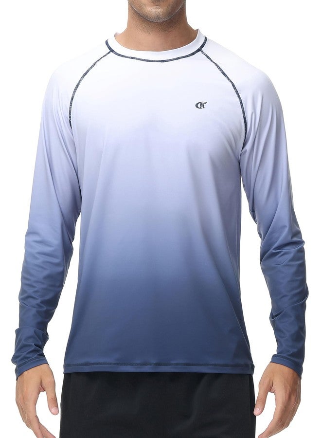 Satankud Men's Long Sleeve Swim Shirts Rashguard UPF 50+ UV Sun Protection Shirt Athletic Workout Running Hiking T-Shirt Swimwear (White Gradient Navy,Large) - Image 2