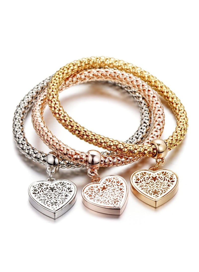 أوزيغالور 3 قطع أساور ذهبية/فضية/سلسلة ذرة ذهبية/ذهبية وردية مع حلية قلب شجرة الحياة للنساء - Image 1
