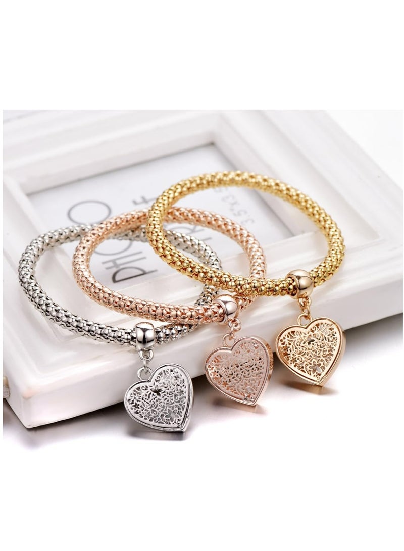أوزيغالور 3 قطع أساور ذهبية/فضية/سلسلة ذرة ذهبية/ذهبية وردية مع حلية قلب شجرة الحياة للنساء - Image 3