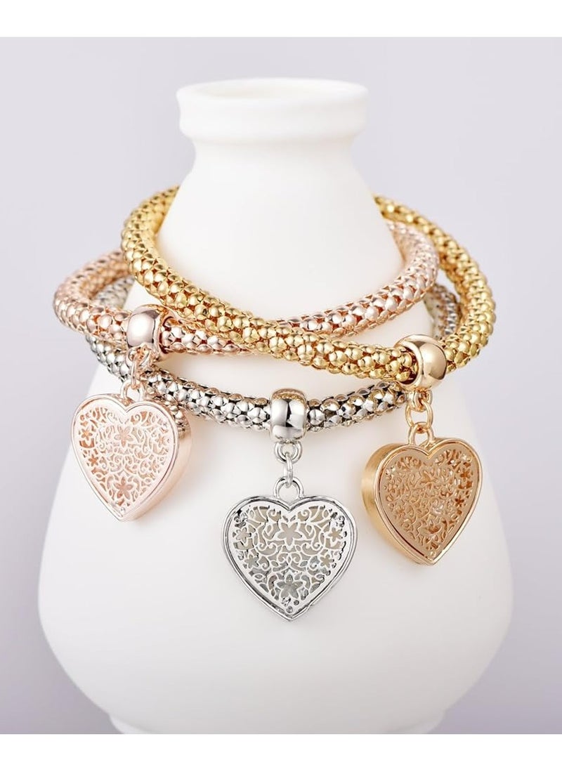 أوزيغالور 3 قطع أساور ذهبية/فضية/سلسلة ذرة ذهبية/ذهبية وردية مع حلية قلب شجرة الحياة للنساء - Image 4