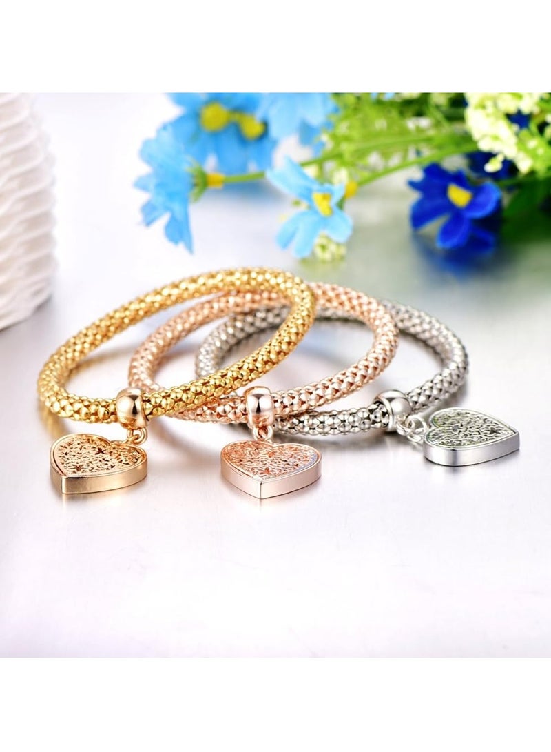 أوزيغالور 3 قطع أساور ذهبية/فضية/سلسلة ذرة ذهبية/ذهبية وردية مع حلية قلب شجرة الحياة للنساء - Image 5