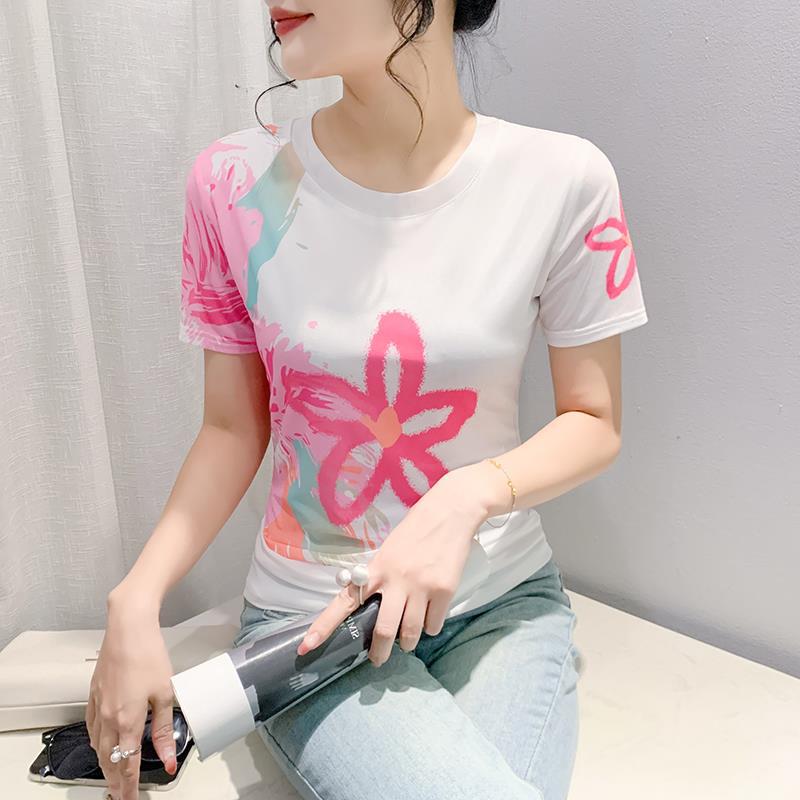 Round Neck High Elastic Mesh T-Shirt For Women 2024 Summer Pattern Printing Fashionable Elegant Short-Sleeved Fashionable Slim Bottoming Shirt - Image 2