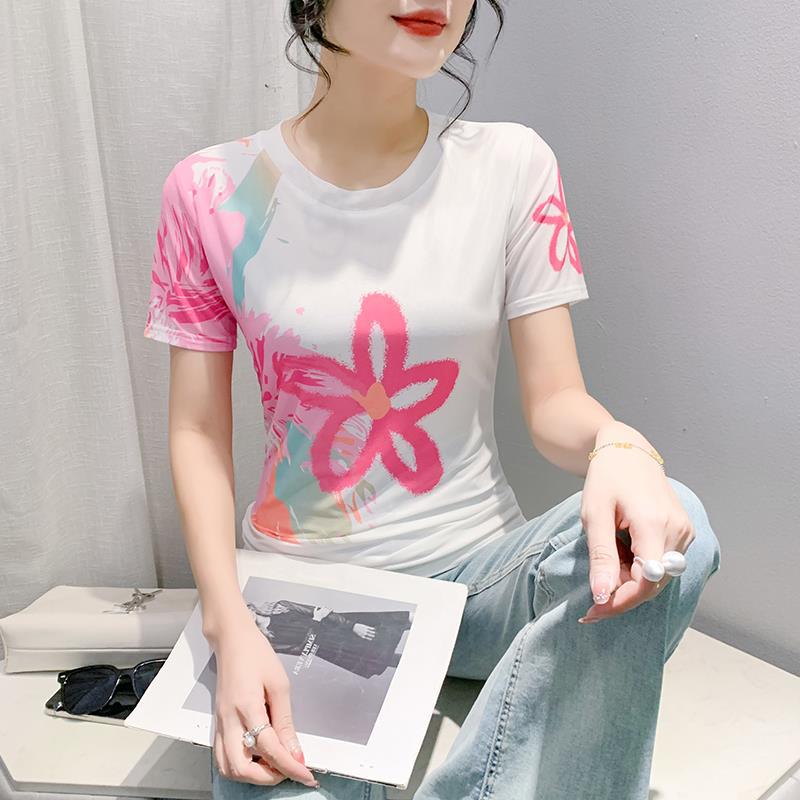 Round Neck High Elastic Mesh T-Shirt For Women 2024 Summer Pattern Printing Fashionable Elegant Short-Sleeved Fashionable Slim Bottoming Shirt - Image 1