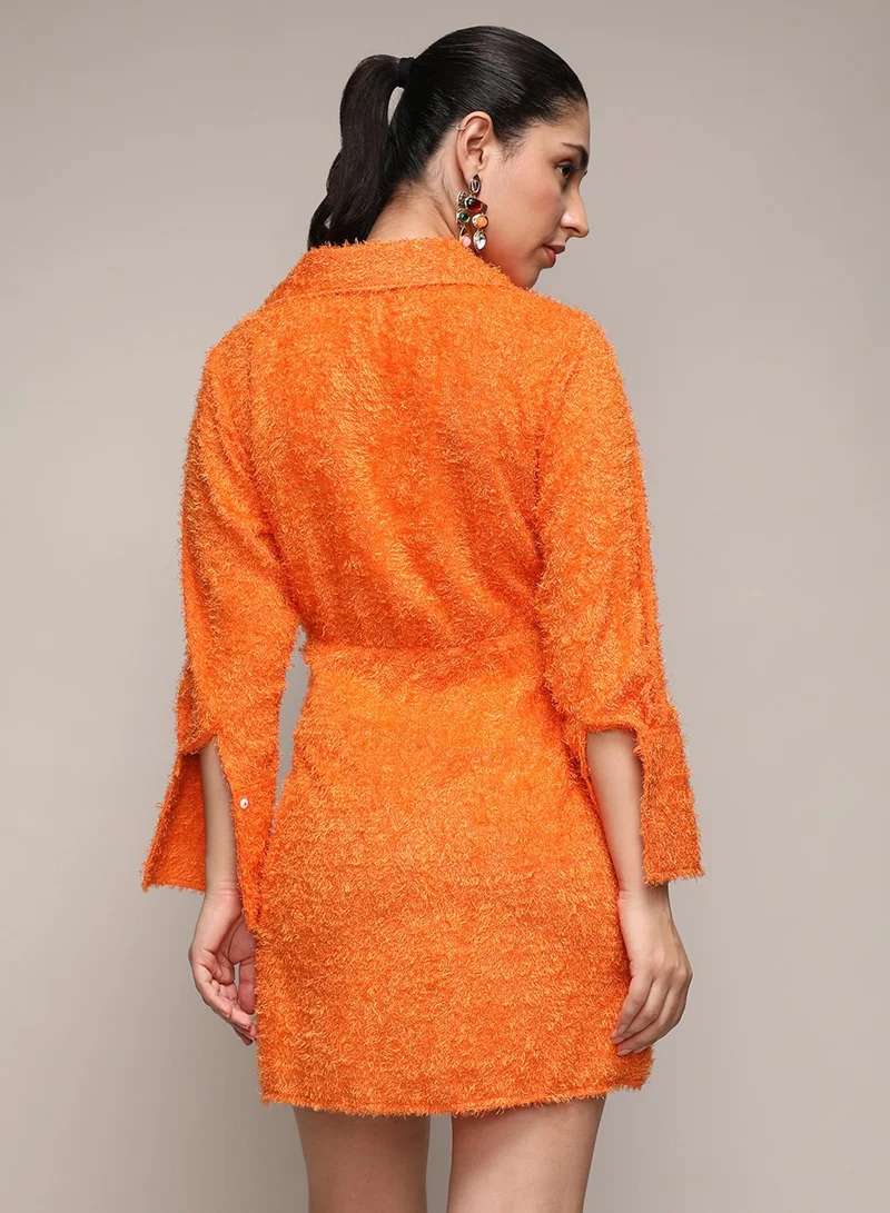 PINACOLADA Women's Pumpkin Orange Sherpa Wrap Dress For Casual Wear | V Neck | Long Sleeve | Tie-Up Closure | Dress Designed With Comfortable Fit For Woman & Girls