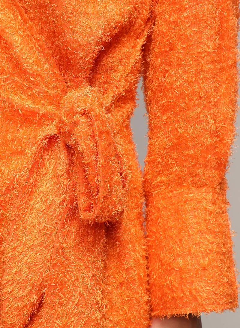 PINACOLADA Women's Pumpkin Orange Sherpa Wrap Dress For Casual Wear | V Neck | Long Sleeve | Tie-Up Closure | Dress Designed With Comfortable Fit For Woman & Girls