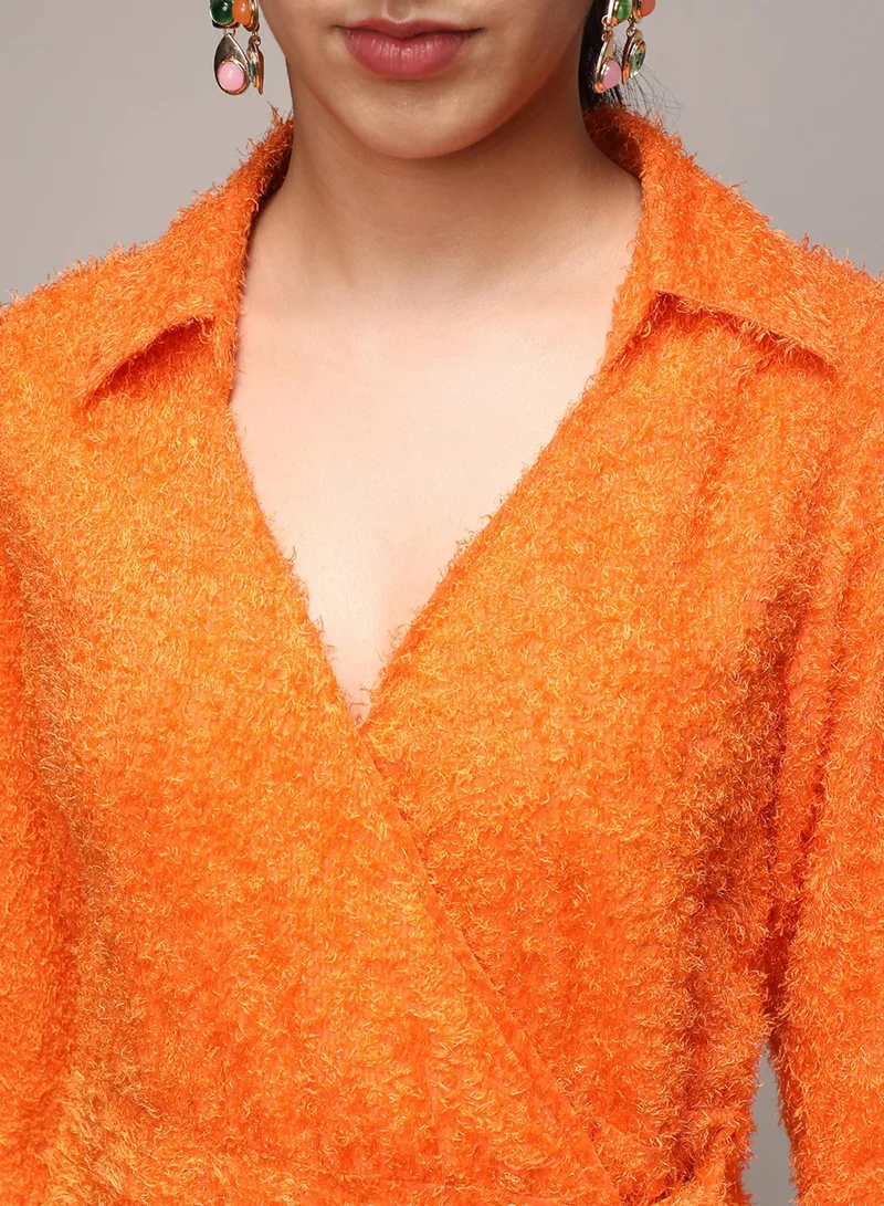 PINACOLADA Women's Pumpkin Orange Sherpa Wrap Dress For Casual Wear | V Neck | Long Sleeve | Tie-Up Closure | Dress Designed With Comfortable Fit For Woman & Girls