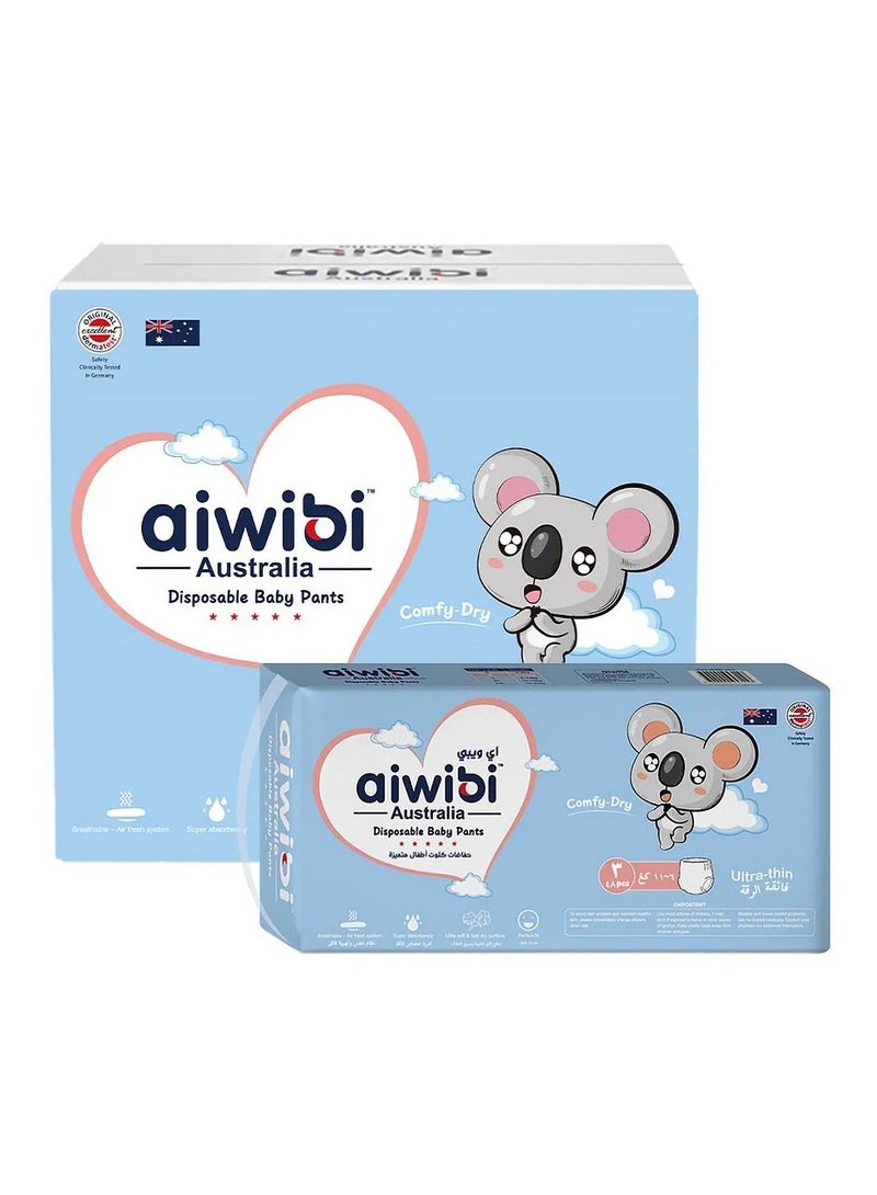 Aiwibi Disposable Pant Style Baby Diapers, Breathable, Ultra Soft, Fast Absorbency, Comfy Dry, Size 3 Medium, 6 to 11kg - 144 Pieces