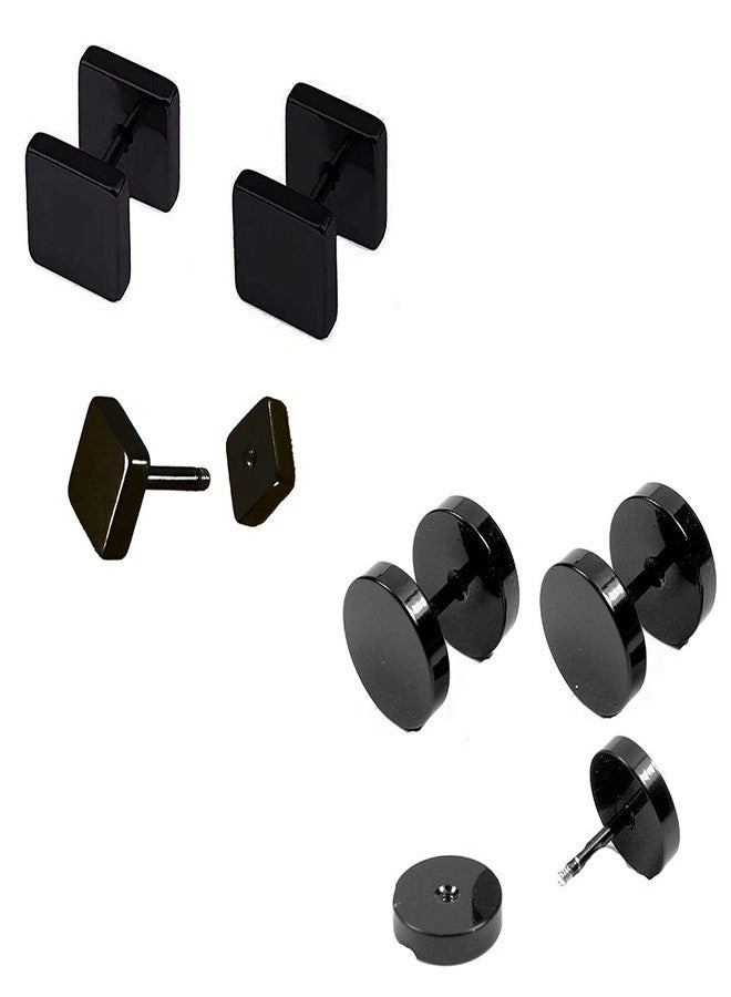 Kalaneet Combo of Square and Round Dumbell Ear Stud for Men and Women Black - Image 1