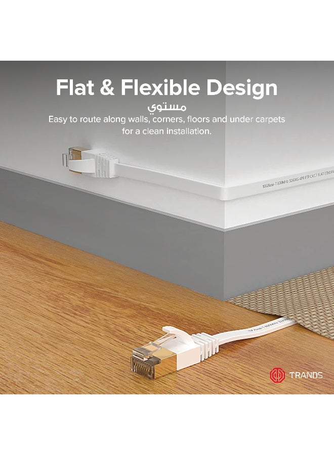 Trands CAT7 Gigabit Flat Cable - 1 Meter, 10Gbps 1000MHz High-Speed Network LAN Cord, Gold-Plated RJ45 Connectors - White - Image 4