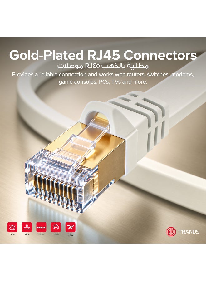 Trands CAT7 Gigabit Flat Cable - 1 Meter, 10Gbps 1000MHz High-Speed Network LAN Cord, Gold-Plated RJ45 Connectors - White - Image 5