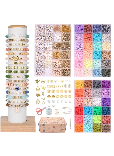 Bracelet Making Kit, 10,000 Pcs Polymer Clay Beads, 48 Colors Round Letter Beads Jewelry Making Kit Friendship Bracelets Heshi Beads with Charms Strings Crafts Gift for Girls Adults (3 Boxes)