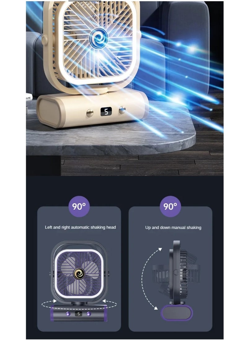 OUYoo OUYoo Portable fan is rechargeable, a small personal fan operated by battery, a multi-angle free wind direction adjustable USB desktop fan, a mini desk fan for bedroom, home, office, office, camping, travel, wall hanging fan, multi-function 5-speed wind speed adjustment, with nightlight lighting, and automatic head shaking function on left and right. (Grey)  - Image 2
