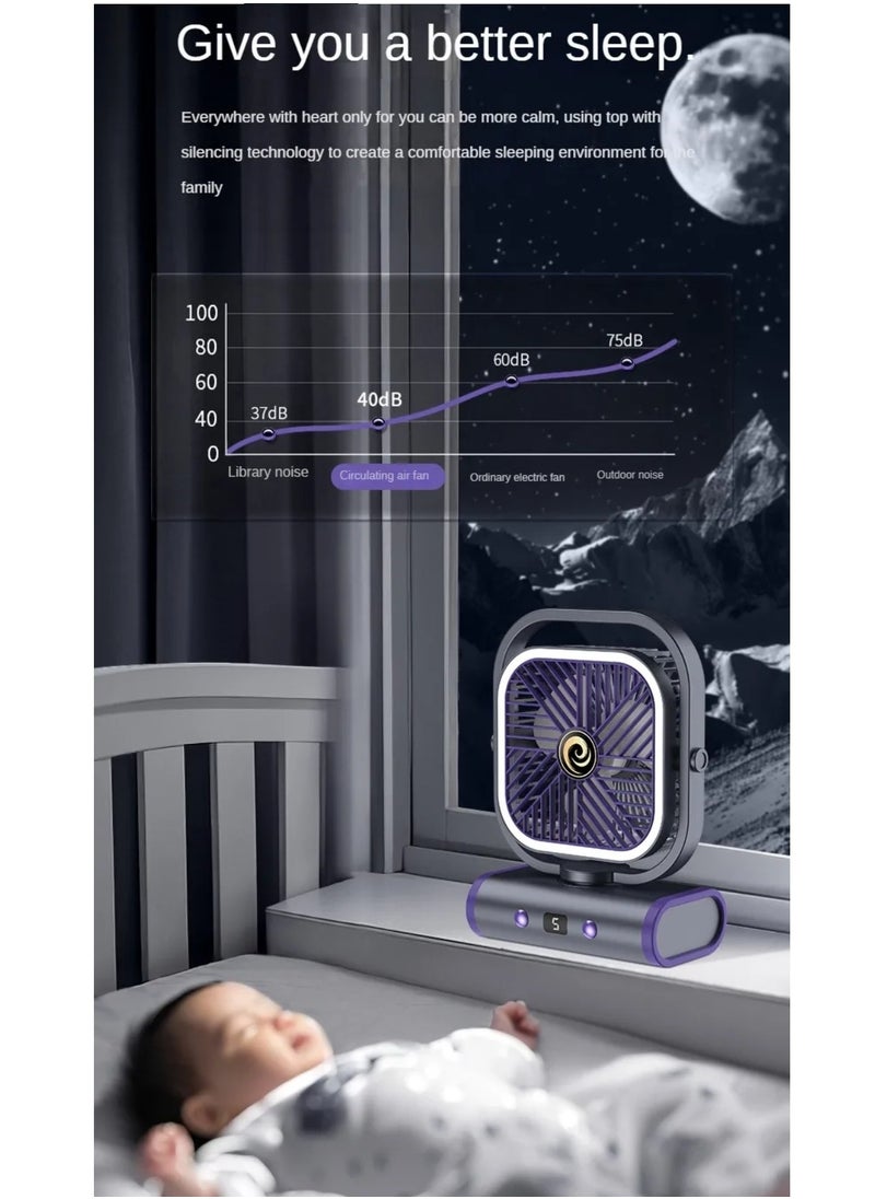 OUYoo OUYoo Portable fan is rechargeable, a small personal fan operated by battery, a multi-angle free wind direction adjustable USB desktop fan, a mini desk fan for bedroom, home, office, office, camping, travel, wall hanging fan, multi-function 5-speed wind speed adjustment, with nightlight lighting, and automatic head shaking function on left and right. (Grey)  - Image 4