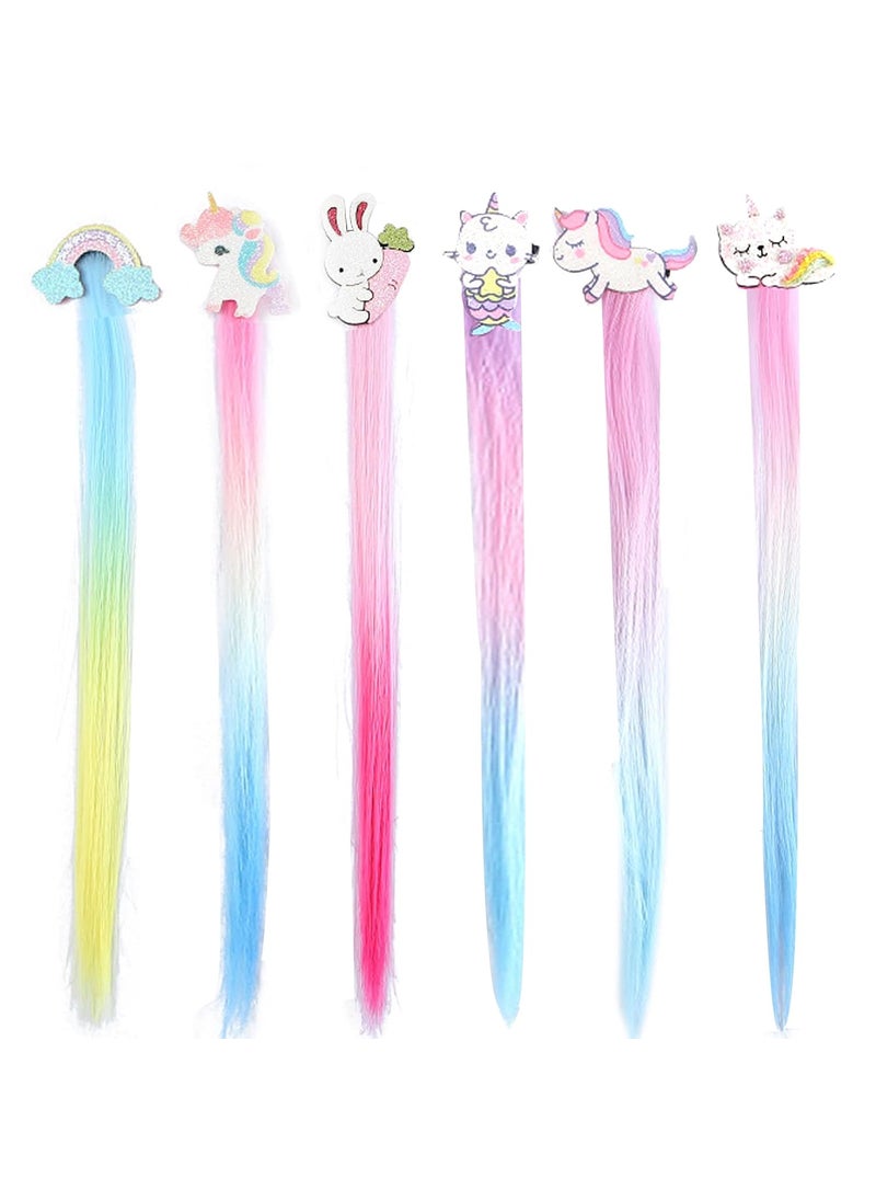 Ideal Swan 6 PCS Hair Extensions Clip  Carton Straight Curly Hairpieces Clips Cute Unicorn Accessories Hair Extensions for Kids Ponytails Girls Rainbow Thick Wig Clip in Fake Bangs Curly Hair 02 