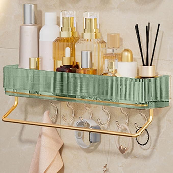 Suicune Bathroom Storage Rack Light Luxury Style no Punching Wall Type 11CM Storage Area with 6 Hooks Towel Aluminum Rod Super LoadBearing Green
