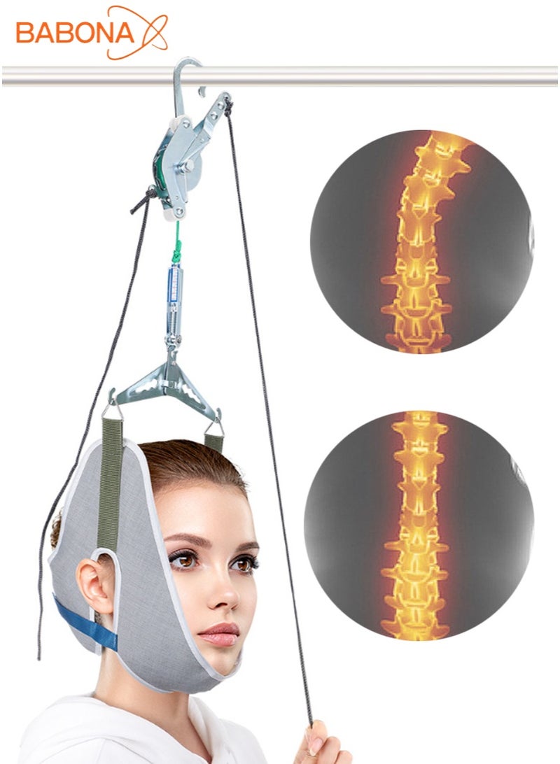 بابونا جهاز شد الرقبة المحمول والمعلق، جهاز شد الرقبة لتخفيف الألم، العلاج الطبيعي لتمديد العمود الفقري العنقي، حماية صحية (رمادي) - Image 1