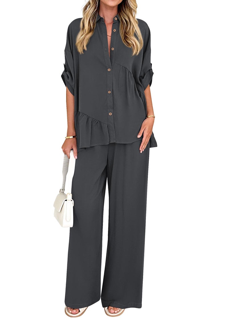 KIRUNDO Two Piece Sets for Women Spring Outfits 2026 Summer Dressy Casual Button Down Shirt Wide Leg Pants Lounge Set(Dark Grey, Medium) - Image 1