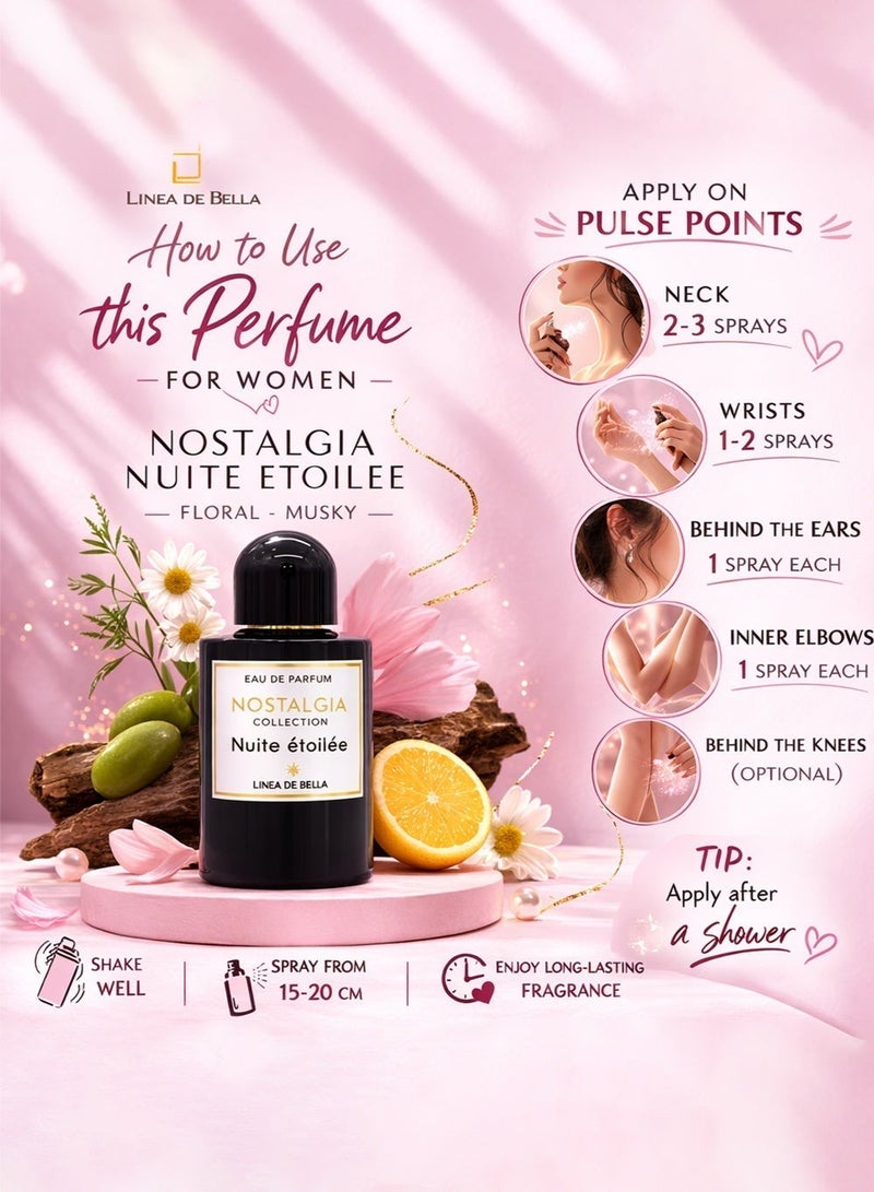 Linea De Bella Nostalgia Nuite Etoilee Eau De Parfum 100ML – Ambergris & Musk Floral Fragrance | Lemon, Patchouli & Warm Long Lasting Perfume - Image 3
