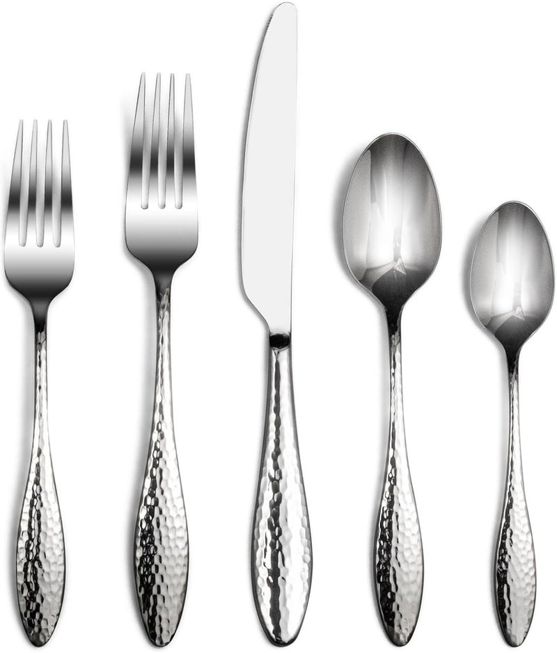 Alata Emma 60Piece 1810 Silverware Set Hammered Flatware Set Heavy Duty Stainless Steel Cutlery Set Modern Kitchen Utensils Dinnerware Sets Service for 12 Mirror Polished  Dishwasher Safe - Image 1