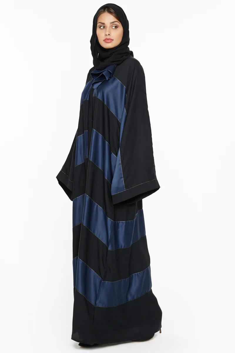 النخبة A gorgeous abaya with navy blue silk stripe detailing with a gold thread lining -AJ544A