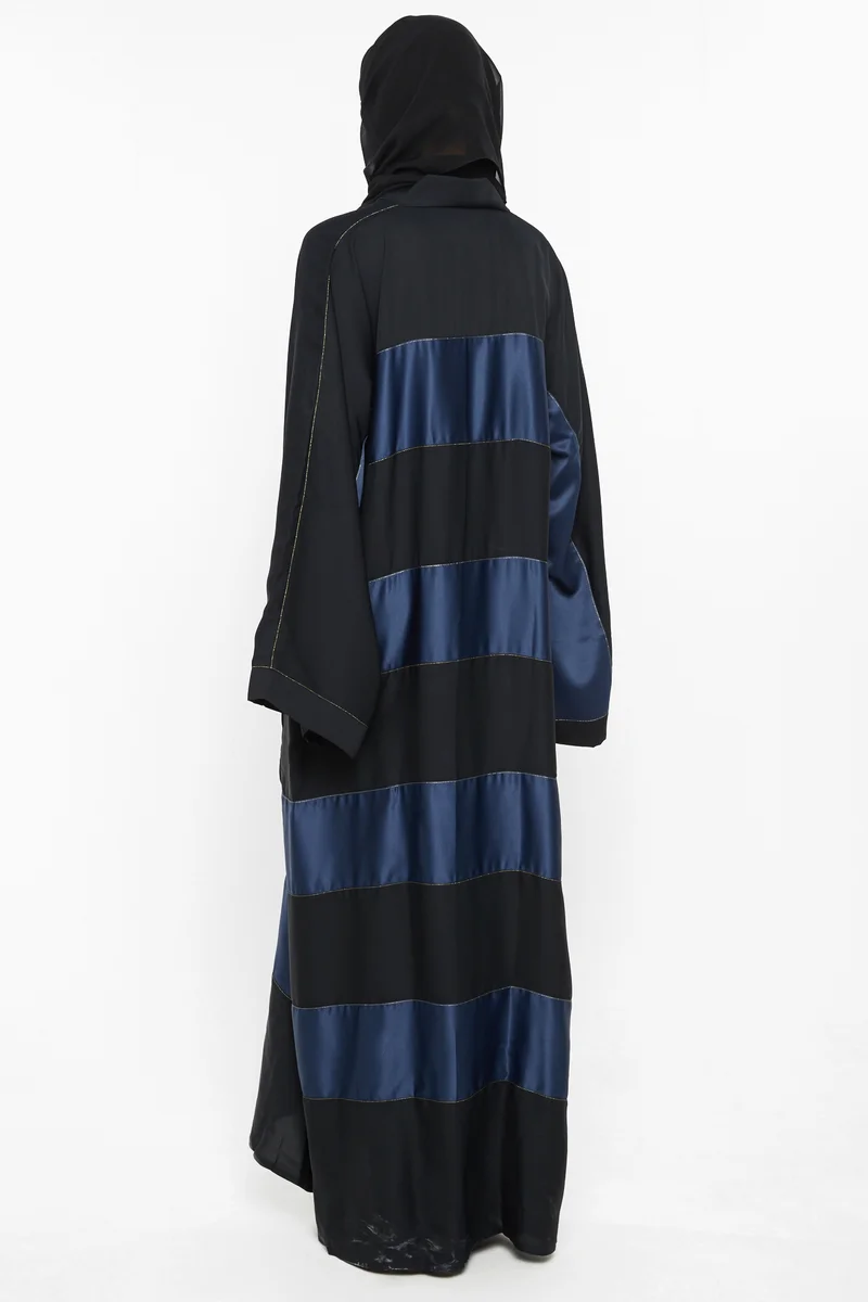 NUKHBAA A gorgeous abaya with navy blue silk stripe detailing with a gold thread lining -AJ544A