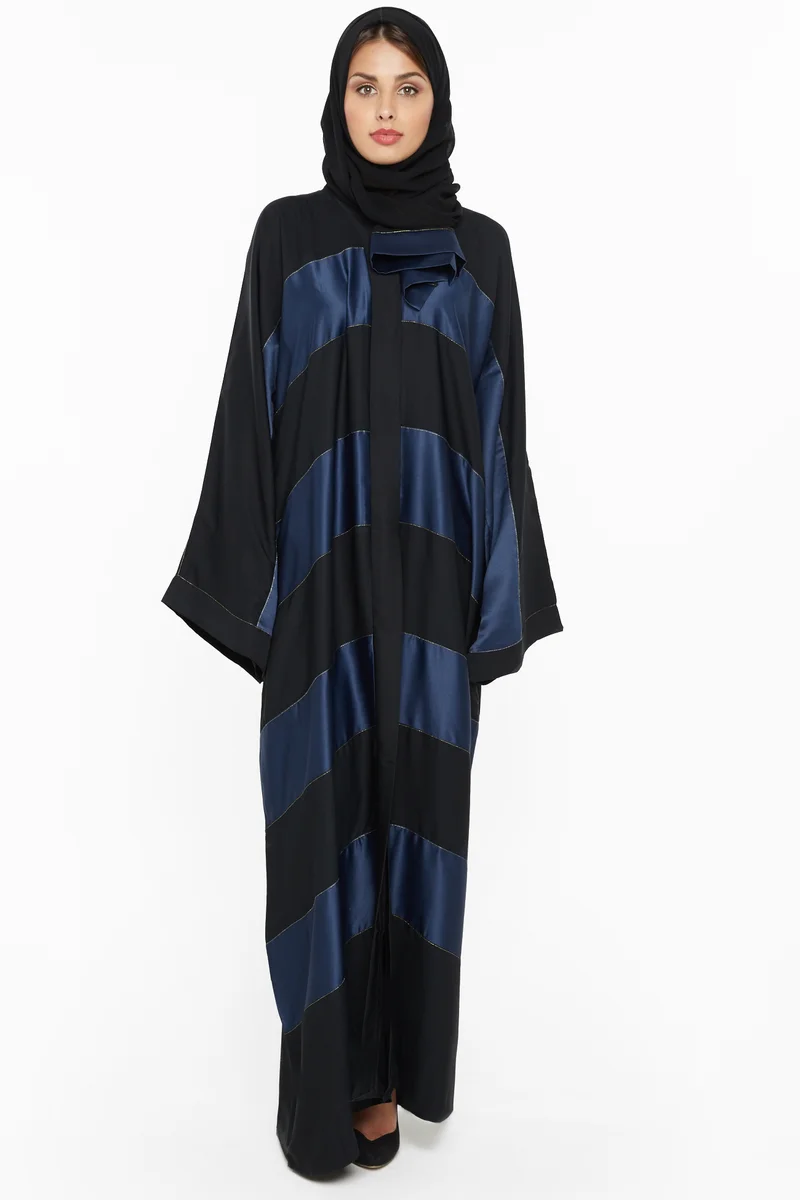 النخبة A gorgeous abaya with navy blue silk stripe detailing with a gold thread lining -AJ544A