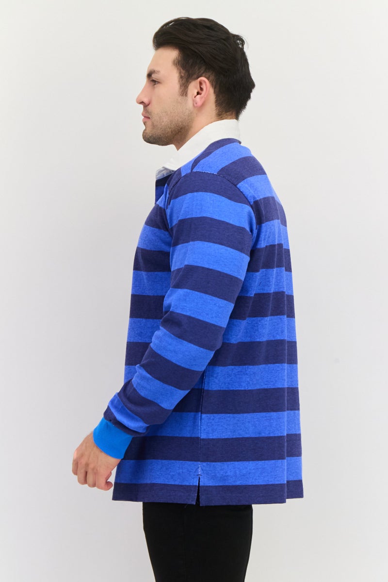 Tailorbyrd Men Regular Fit  Stripe Long Sleeves Polo, Blue Combo - Image 2