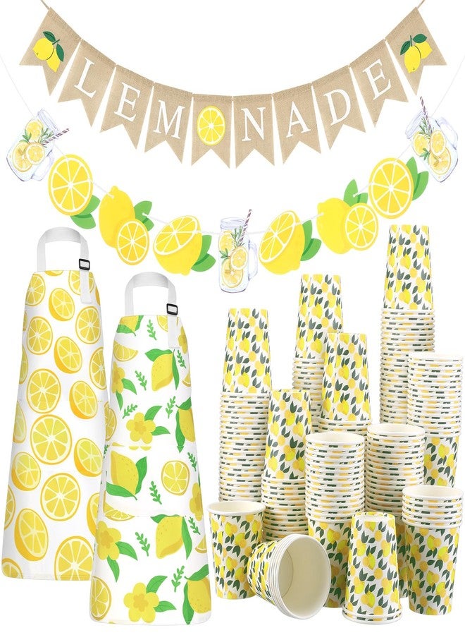 Newtay 104 Pcs Lemonade Stand Party Supplies 100 Lemon Party 9oz Paper Cups 2 Burlap Paper Lemonade Banner 2 Kids Apron with Pockets Adjustable Strap for Summer Lemon Stand Birthday Baby Shower Decor - Image 1