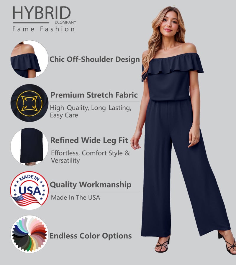 Hybrid & Company Women's Lightweight Off Shoulder Jumpsuit – Stretchy Wide Leg Romper – Casual to Formal One Piece Outfit KPVJ47696 NAVY L - Image 2