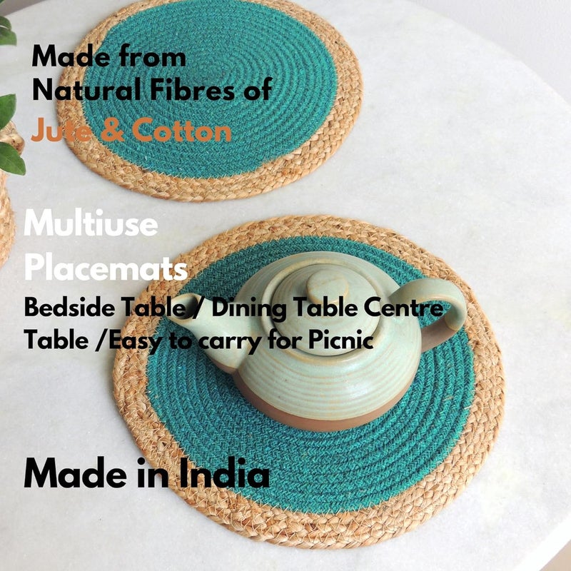 JASMEY HOMES Jute Set Of 2 Dining Table Mat 30Cm Round Mat Green Single Ring Used As Centre Table Decor PlacematHouse Warming Gifts - Image 3