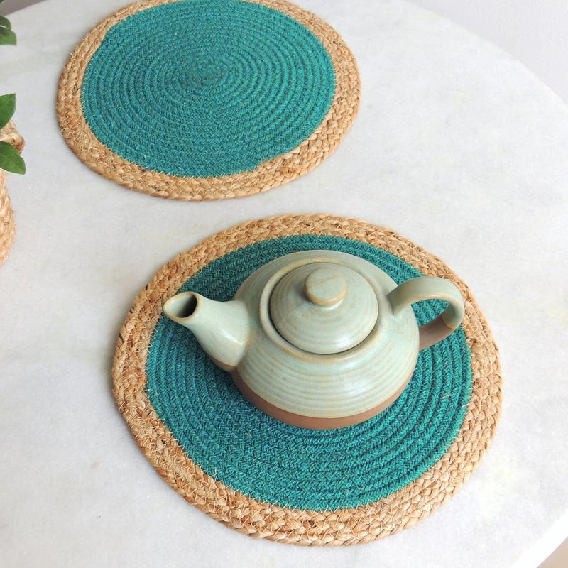 JASMEY HOMES Jute Set Of 2 Dining Table Mat 30Cm Round Mat Green Single Ring Used As Centre Table Decor PlacematHouse Warming Gifts - Image 1