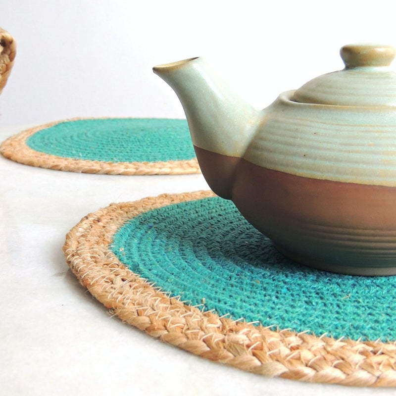 JASMEY HOMES Jute Set Of 2 Dining Table Mat 30Cm Round Mat Green Single Ring Used As Centre Table Decor PlacematHouse Warming Gifts - Image 2