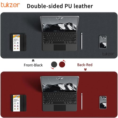 Tukzer Extended Vegan PU Leather Mouse Pad Desk mat Smooth Reversible Dual Color Splash Proof Anti Fray Stitched Edges Non-Slip Mousepad for Laptop Notebook Gaming Computer(Black & Red 90CM X 45CM) - Image 2