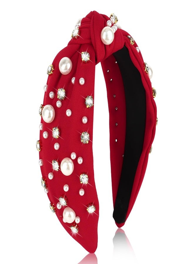 Uintoon Red Headband for Women Pearl Knotted Headband Sparkly Rhinestone Pearls Top Knotted Headbands Womens Fashion Hair Accessories Cute Hair Bands - Image 1