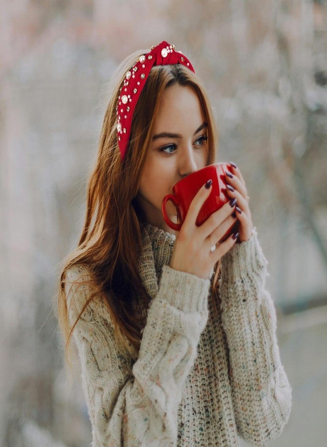 Uintoon Red Headband for Women Pearl Knotted Headband Sparkly Rhinestone Pearls Top Knotted Headbands Womens Fashion Hair Accessories Cute Hair Bands - Image 3