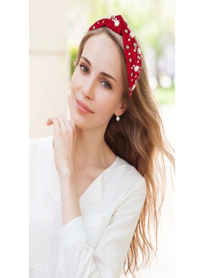 Uintoon Red Headband for Women Pearl Knotted Headband Sparkly Rhinestone Pearls Top Knotted Headbands Womens Fashion Hair Accessories Cute Hair Bands - Image 4