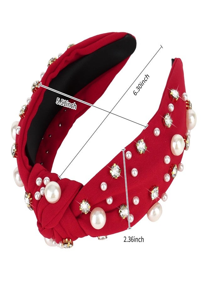 Uintoon Red Headband for Women Pearl Knotted Headband Sparkly Rhinestone Pearls Top Knotted Headbands Womens Fashion Hair Accessories Cute Hair Bands - Image 5